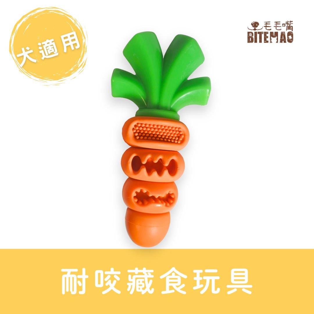 毛毛嘴 BiteMao 狠咬紅蘿蔔商品主視覺，橘色紅蘿蔔造型耐咬玩具，適合中大型犬使用，兼具藏食與潔牙功能。