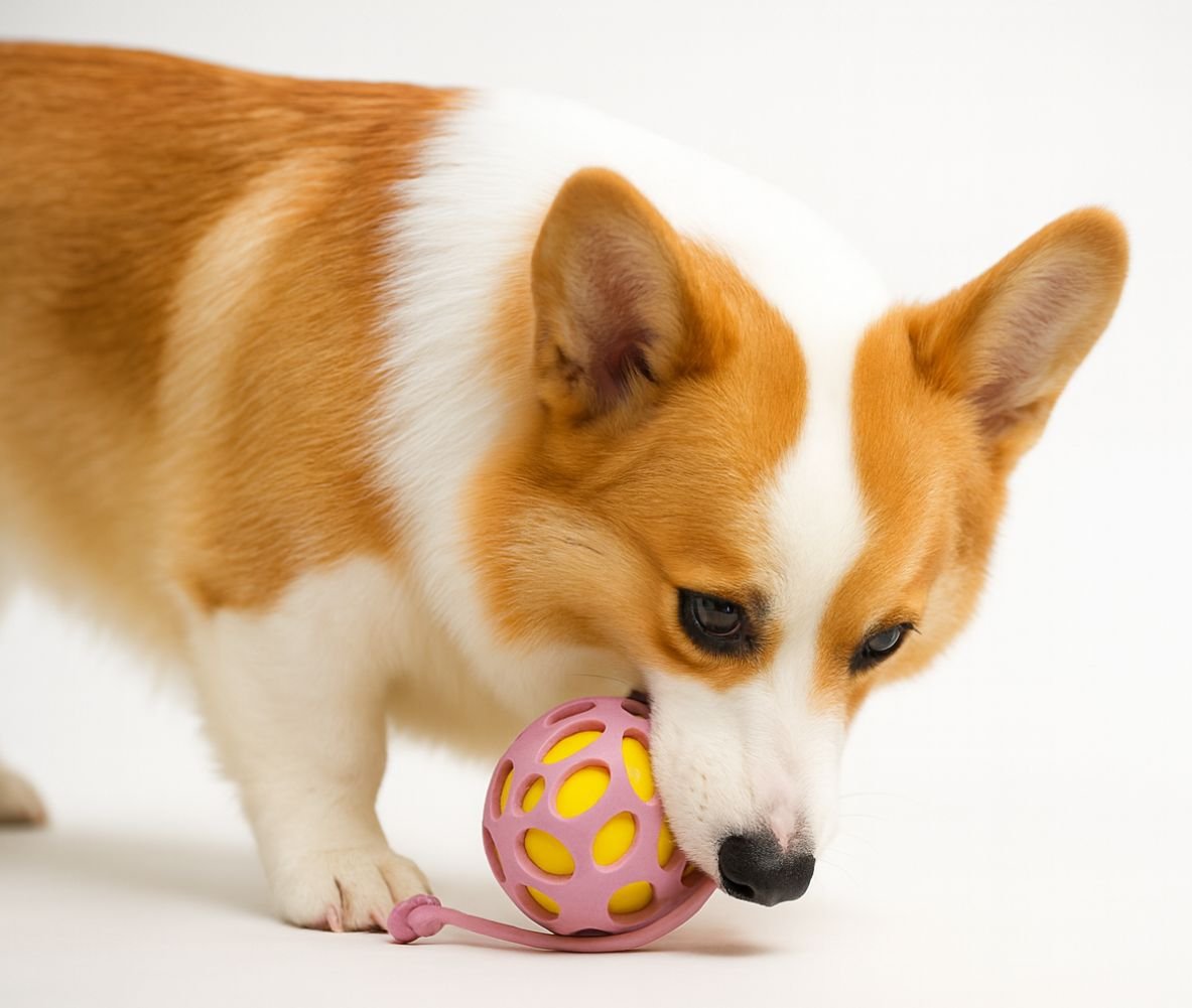一隻柯基犬正在嗅聞並玩著毛毛嘴 BiteMao 馬卡龍夾心多層漏食球，粉色外層搭配黃色內球設計，適合狗狗嗅聞與取食訓練。